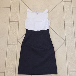 H&M layered white top, navy bottom business dress